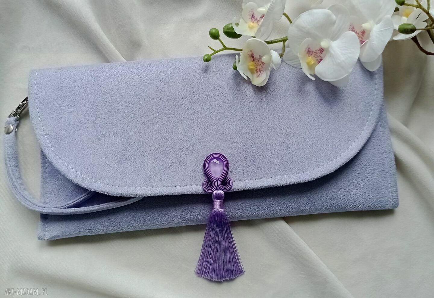 Lawendowa fioletowa kopertówka do ręki z haftem soutache - Soutacheria