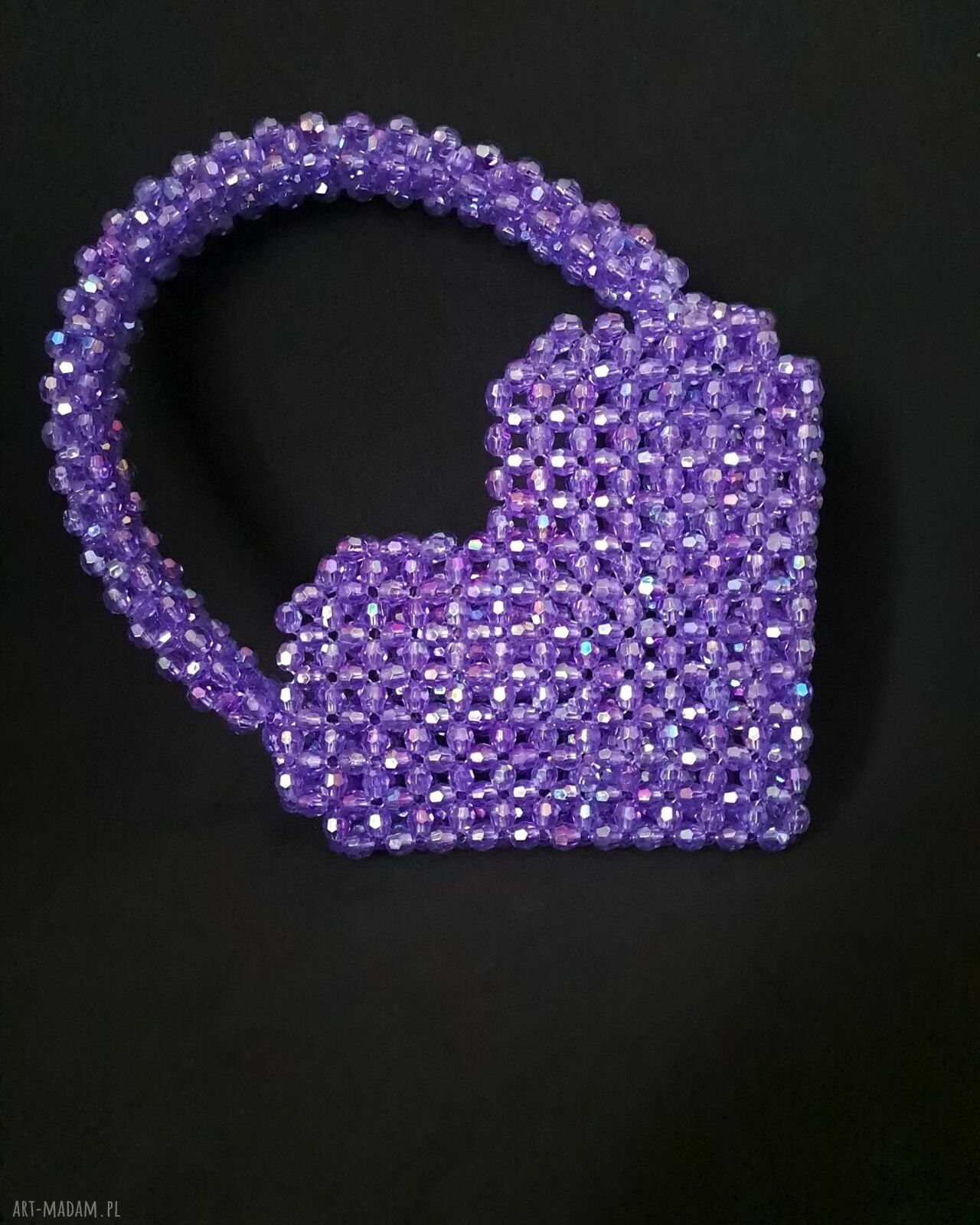 Fioletowa torebka w kształcie serca z koralików - do ręki (handmade)