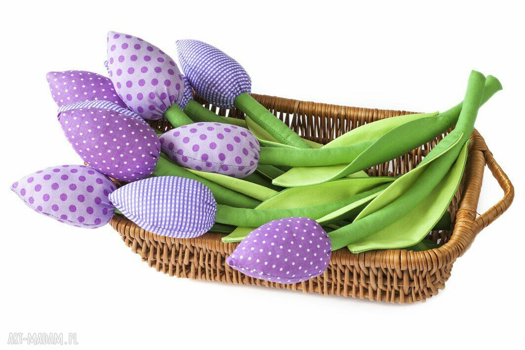 Fioletowe tulipany z bawełny - wiosenny bukiet handmade (9 kwiatów)