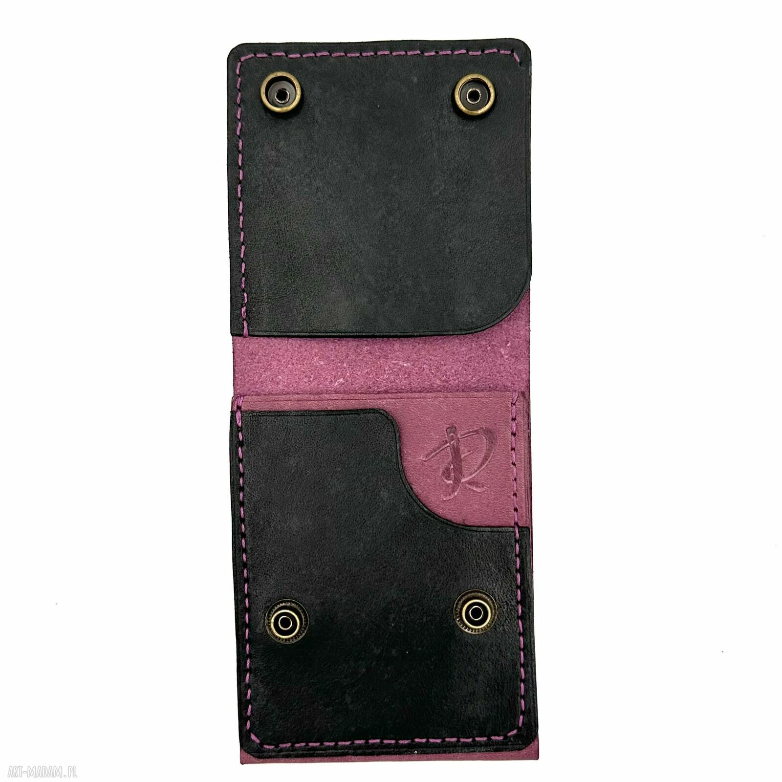 portfele: Fioletowo czarny portfel ze skóry ręcznie uszyty na karty i banknoty