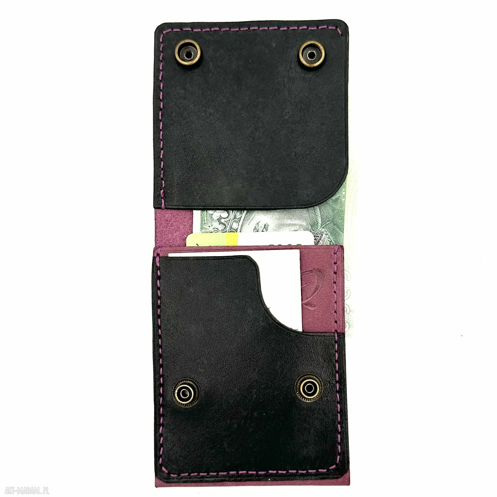 portfele: Fioletowo czarny portfel ze skóry ręcznie uszyty na karty i banknoty