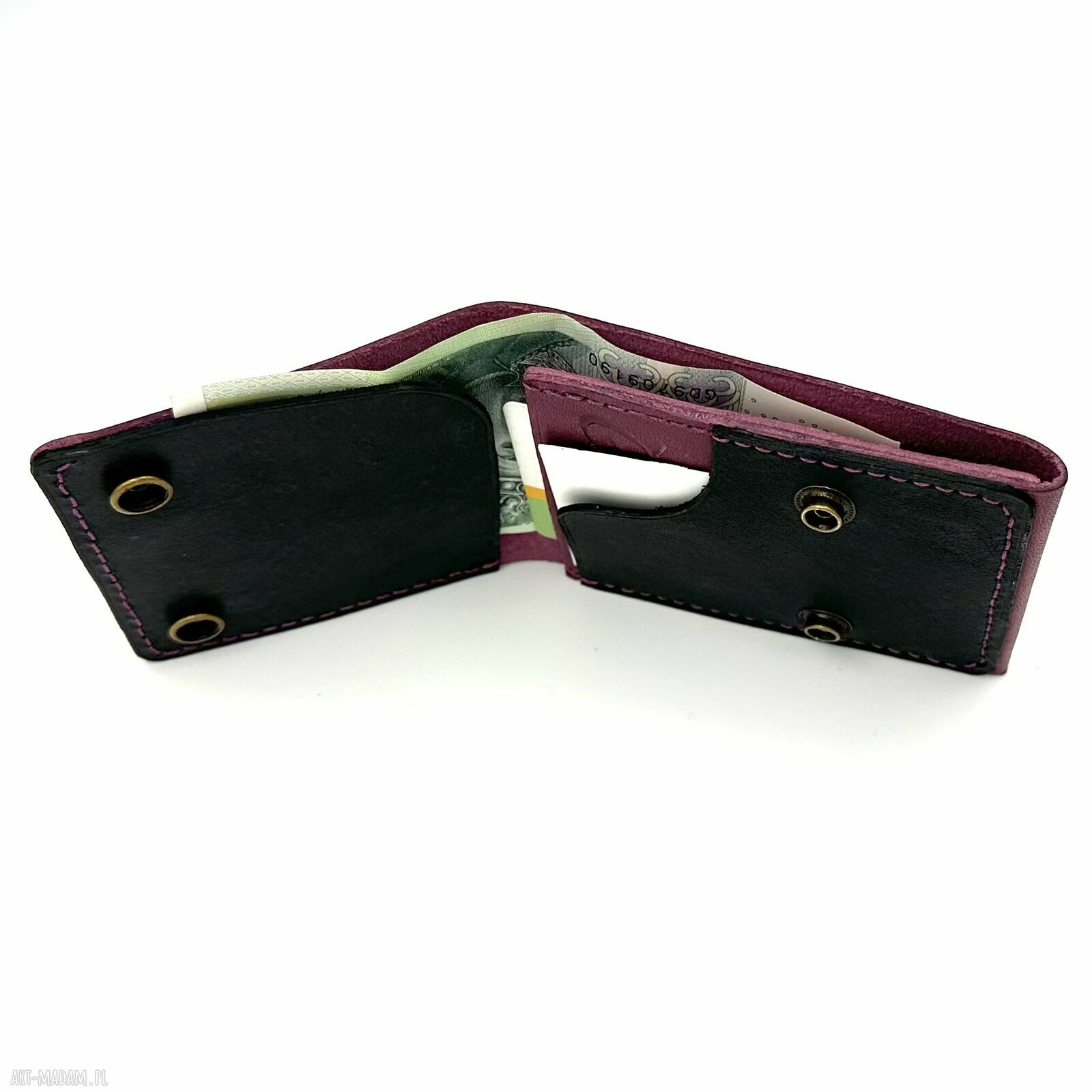 portfele: Fioletowo czarny portfel ze skóry ręcznie uszyty na karty i banknoty