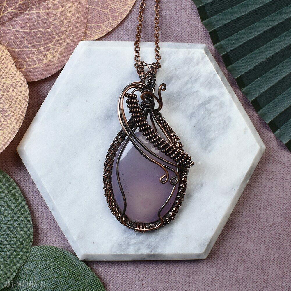 Miedziany wisiorek wire wrapping z agatem - fioletowy kamień #231
