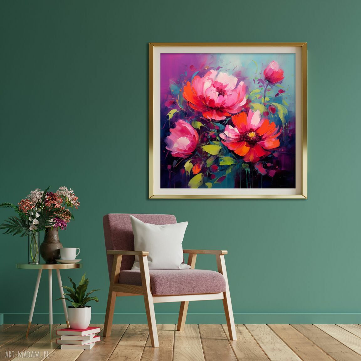 Fioletowy obraz z różowymi kwiatami 50x50 cm