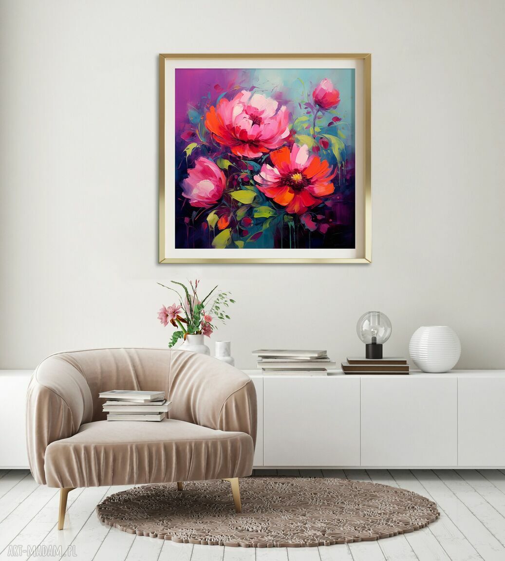 Fioletowy obraz z różowymi kwiatami 50x50 cm