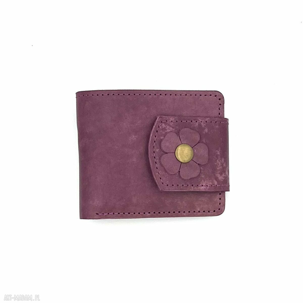 Fioletowy portfel skórzany ręcznie szyty na bilon i karty - damski 10 x 13 cm