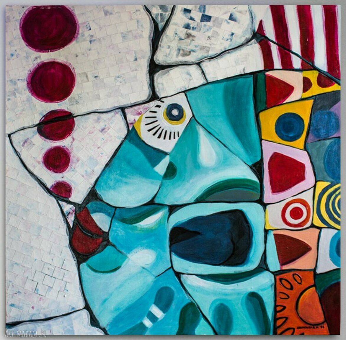 Obraz Fish - abstrakcja ręcznie malowana 90x90 (akryl-akwarela)