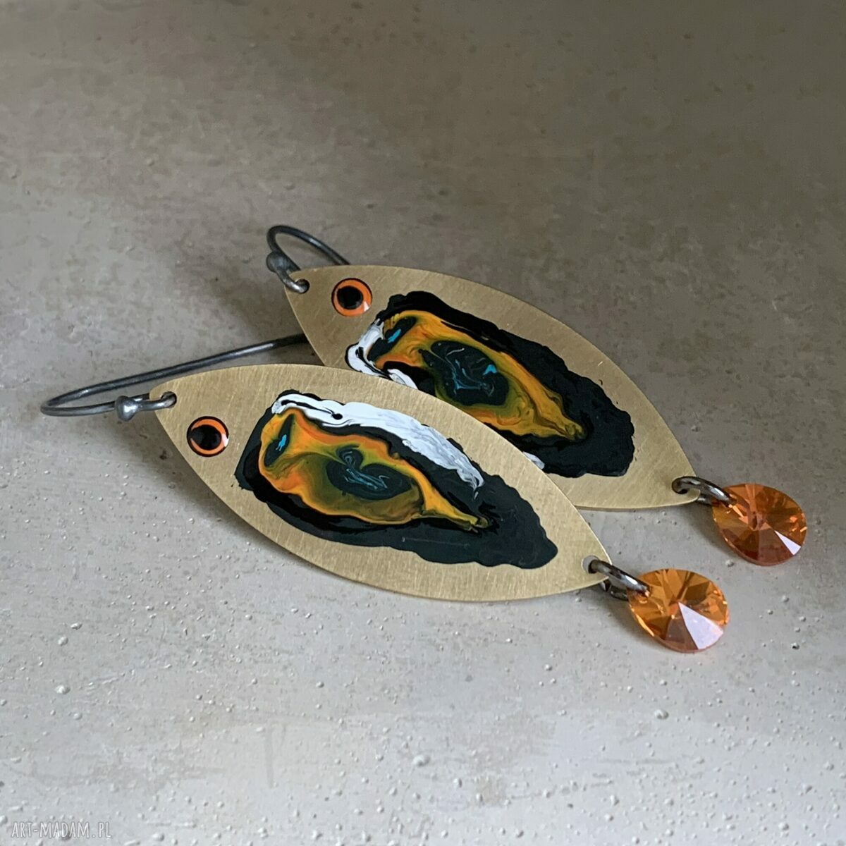 Kolczyki rybki z mosiądzu i Swarovski - pomarańczowe ogonki