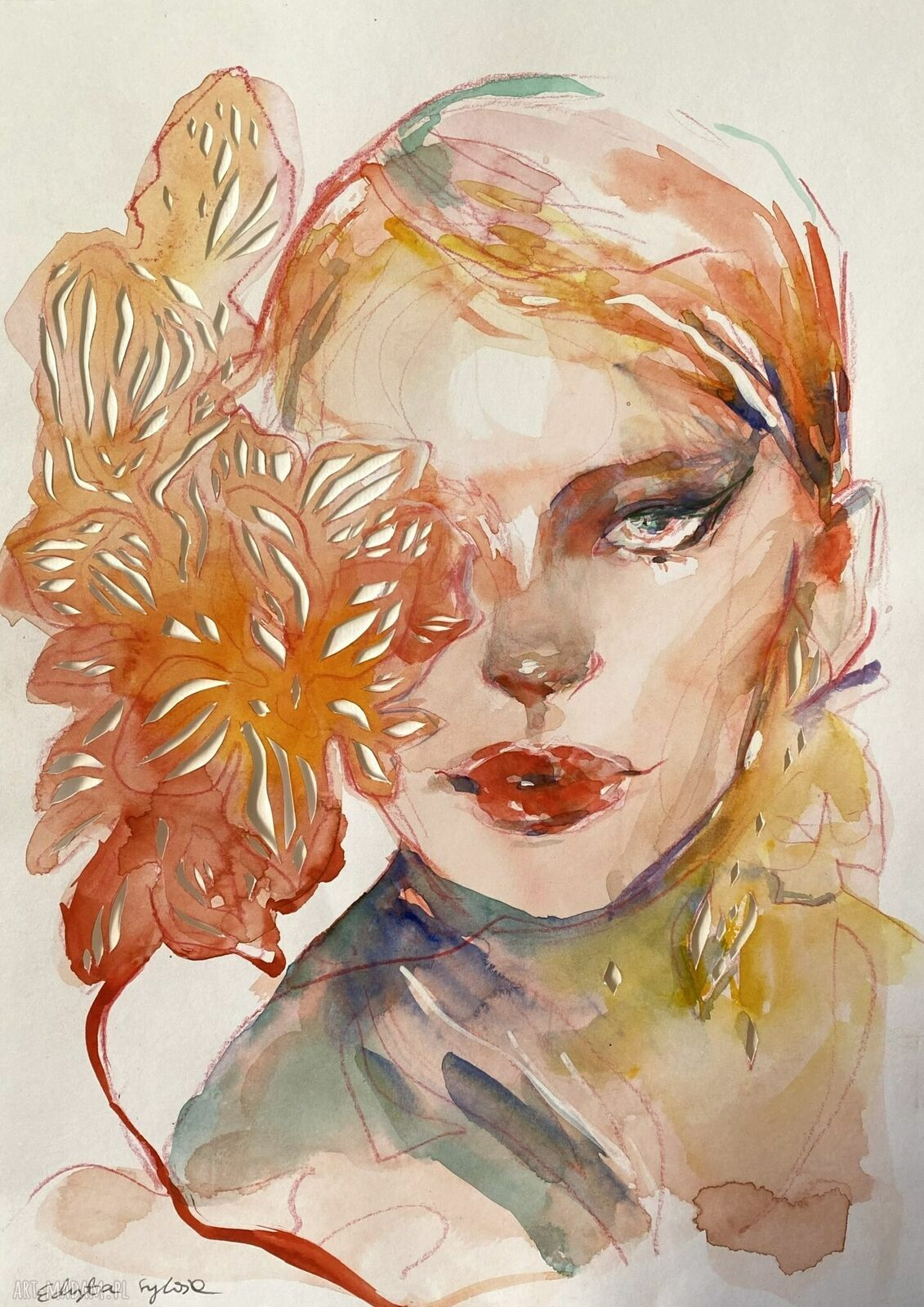 Flame Lily - ręcznie wycinany obraz z akwarelą mixed media