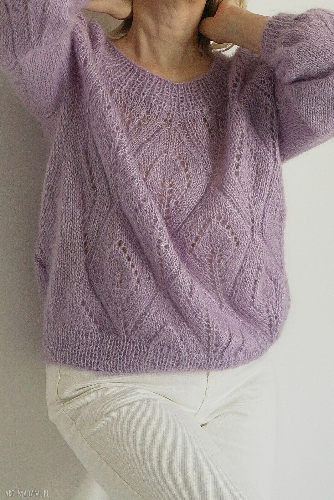 Sweter Flette z motywem liści - liliowy oversize z moheru i akrylu (handmade)