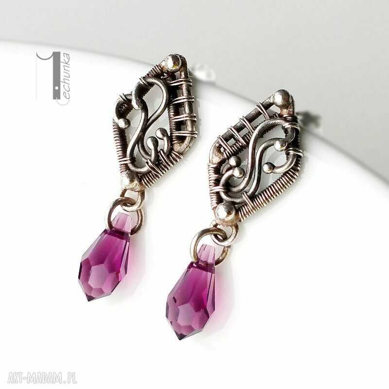 Fleur I - ręcznie robione srebrne kolczyki sztyfty z kryształem Swarovski Amethyst