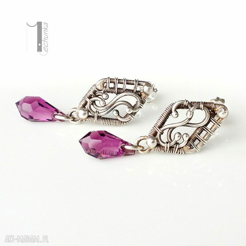 Fleur I - ręcznie robione srebrne kolczyki sztyfty z kryształem Swarovski Amethyst