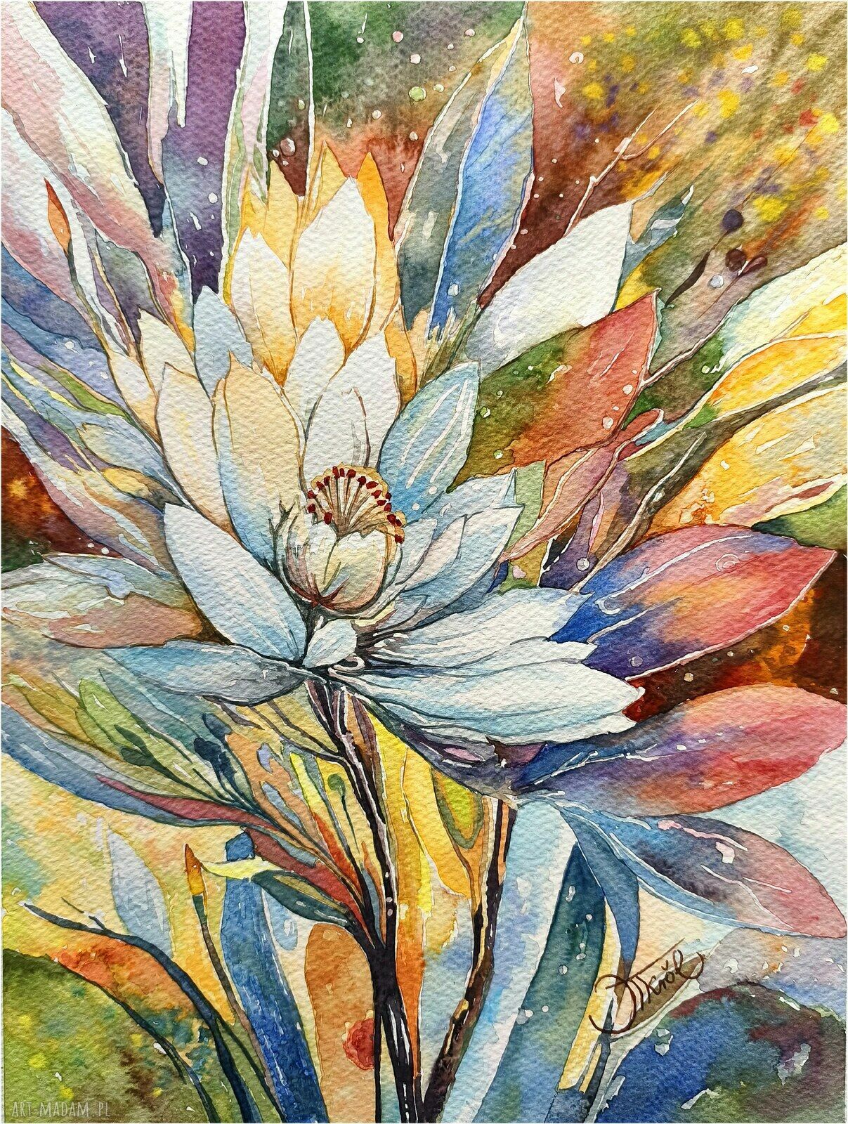 Flora fantazji - oryginalna akwarela z motywem kwiatów 24x32 cm