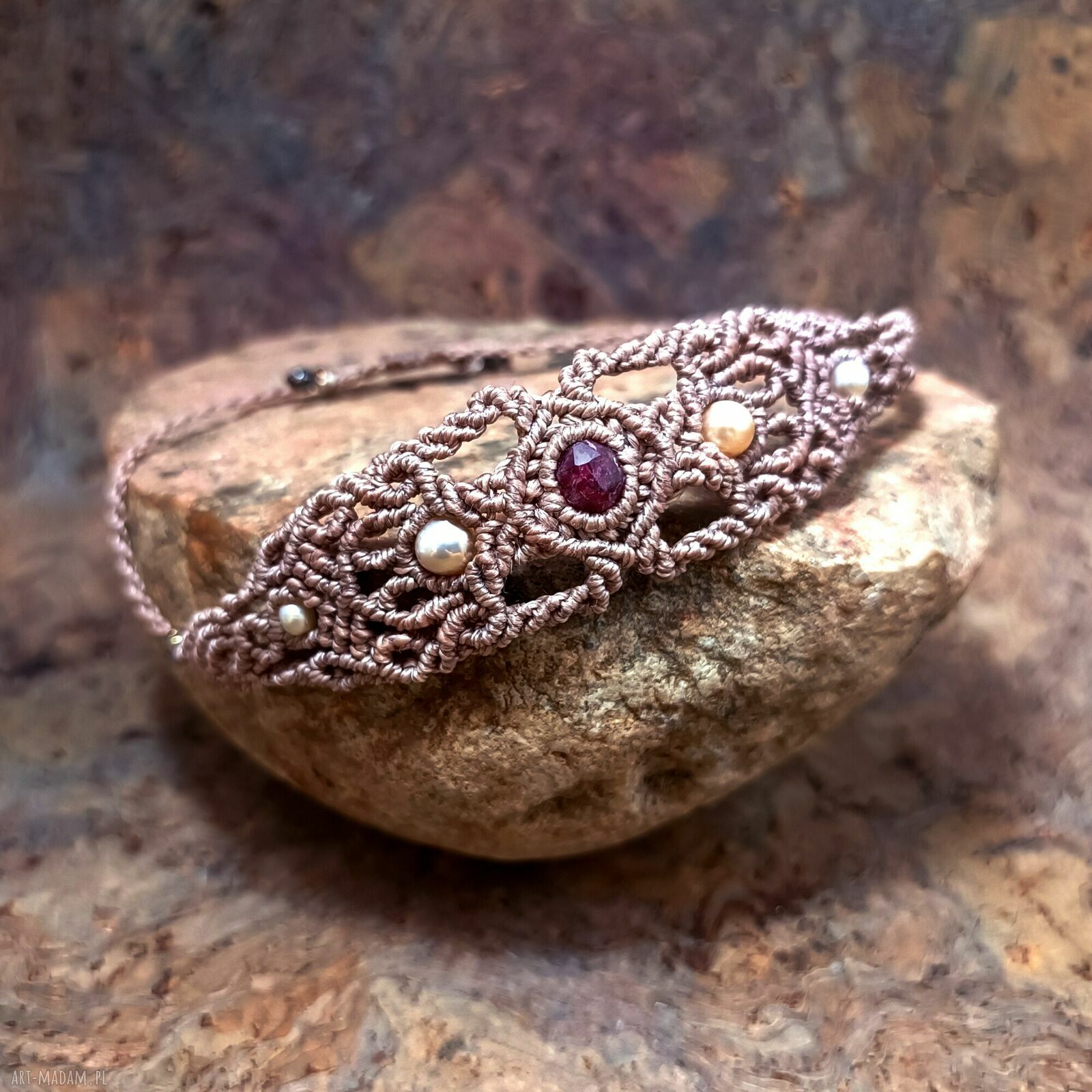 Florencja - pleciona bransoletka z granatem, perłami i hematytem