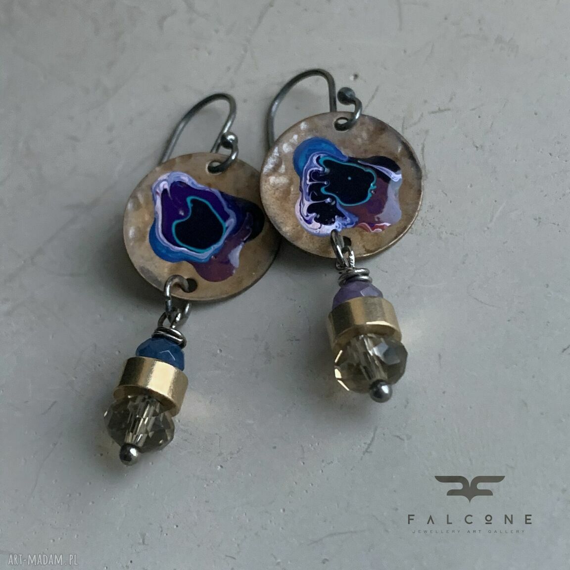 Kolczyki Flower in Violet and Blue - emaliowane kwiaty, jadeit i szklane oponki