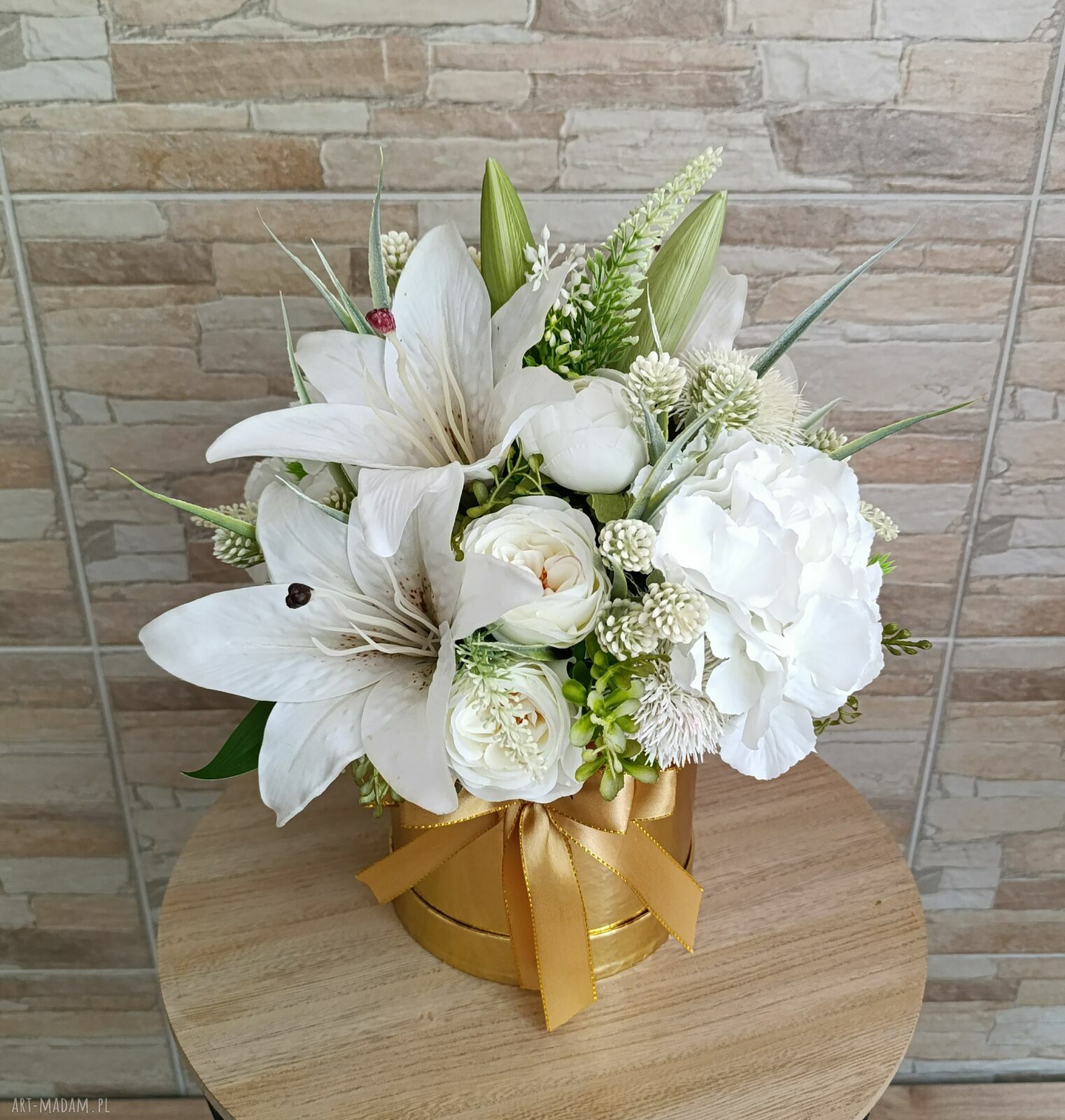 Flowerbox duży złoty z liliami - elegancka dekoracja i gotowy prezent