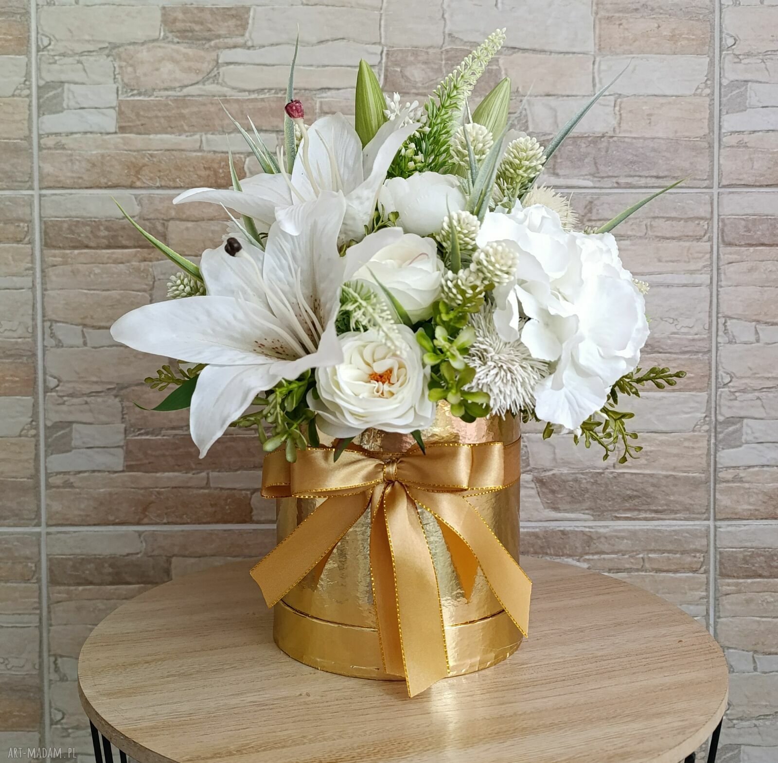 Flowerbox duży złoty z liliami - elegancka dekoracja i gotowy prezent
