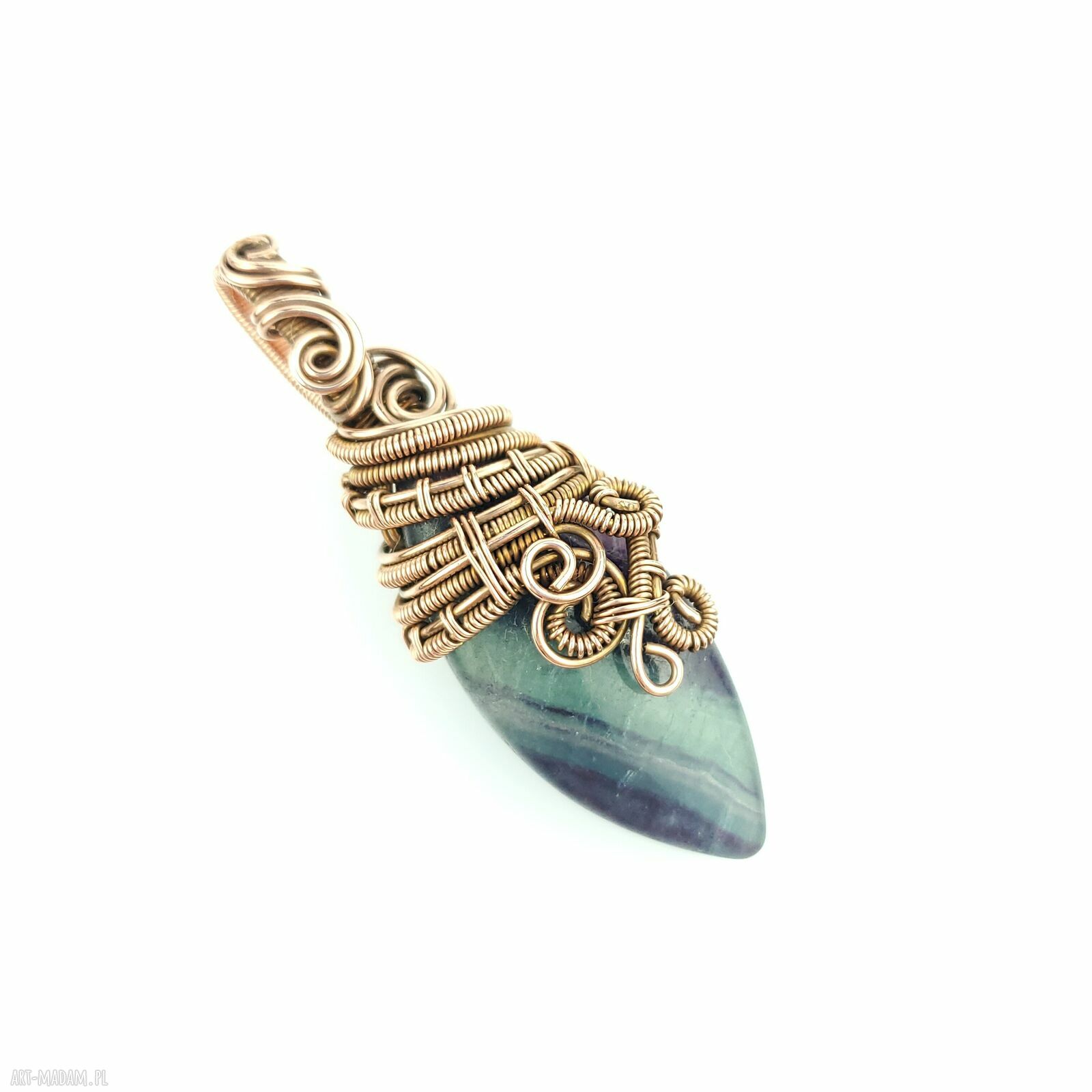 Fluorytowy wisiorek wire wrapping w miedzianej oprawie