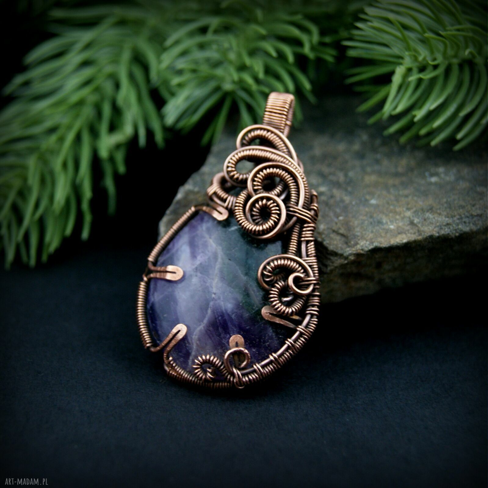 Fluoryt wisiorek wire wrapping z kamieniem - miedziany, oksydowany