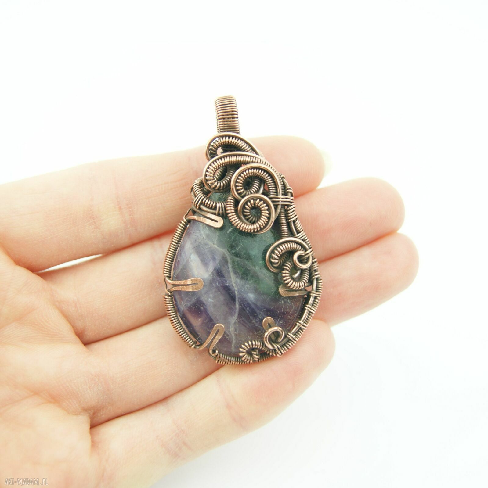 Fluoryt wisiorek wire wrapping z kamieniem - miedziany, oksydowany