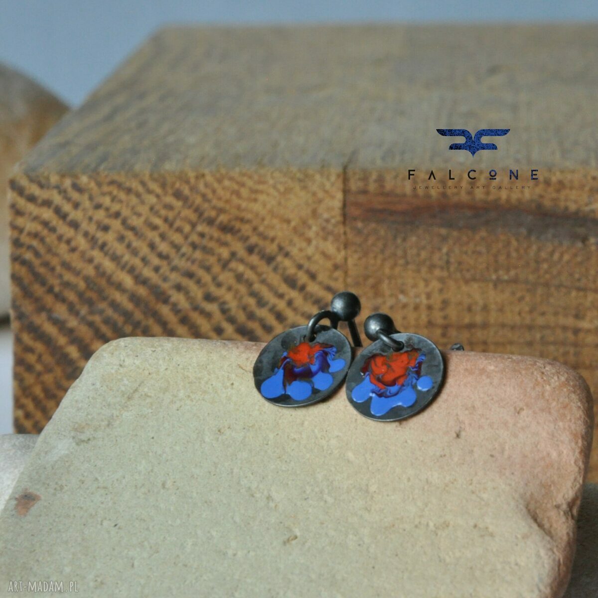 Kolczyki Folk Kwiaty Mini Blue & Red ze srebra 925 i emalii