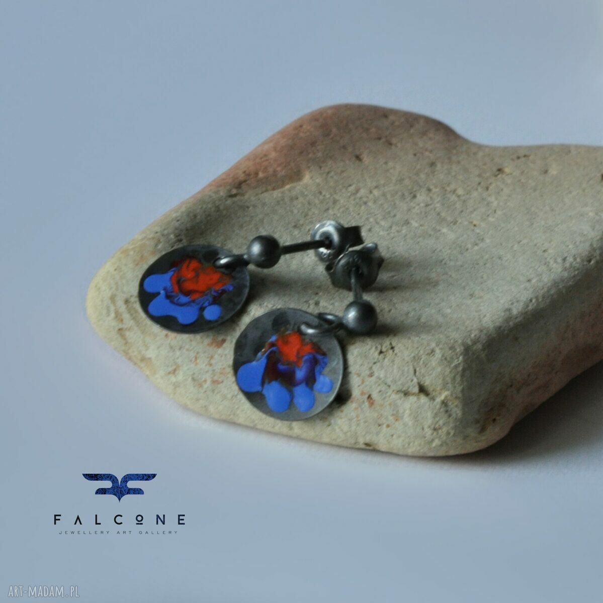 Kolczyki Folk Kwiaty Mini Blue & Red ze srebra 925 i emalii
