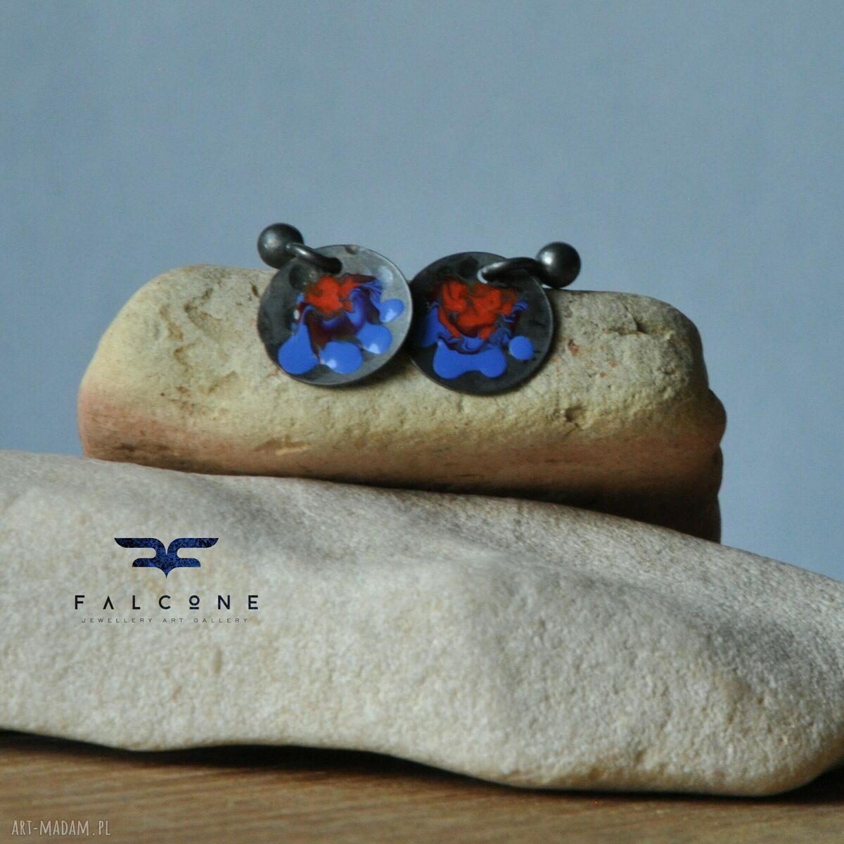 Kolczyki Folk Kwiaty Mini Blue & Red ze srebra 925 i emalii