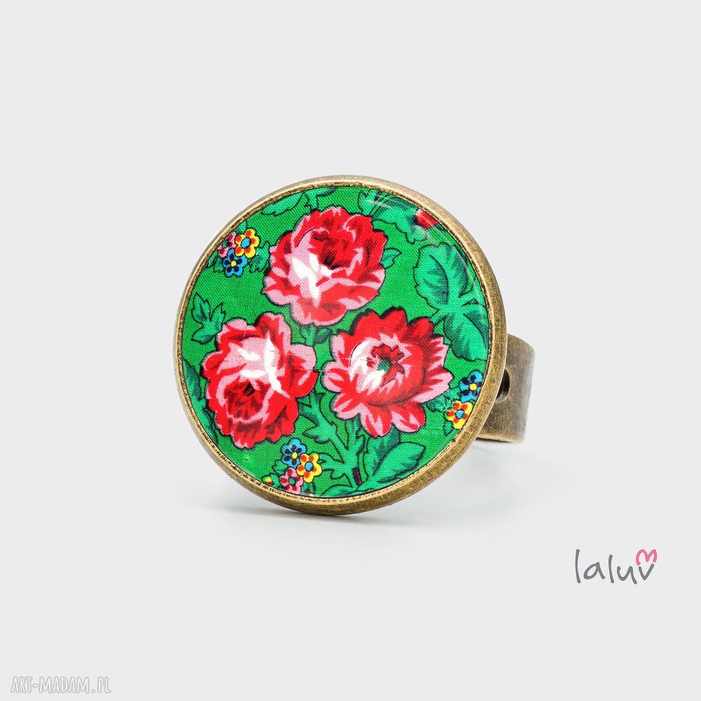 Pierścionek GREEN ROSES - regulowany, ręcznie robiony folk z grafiką pod szkiełkiem