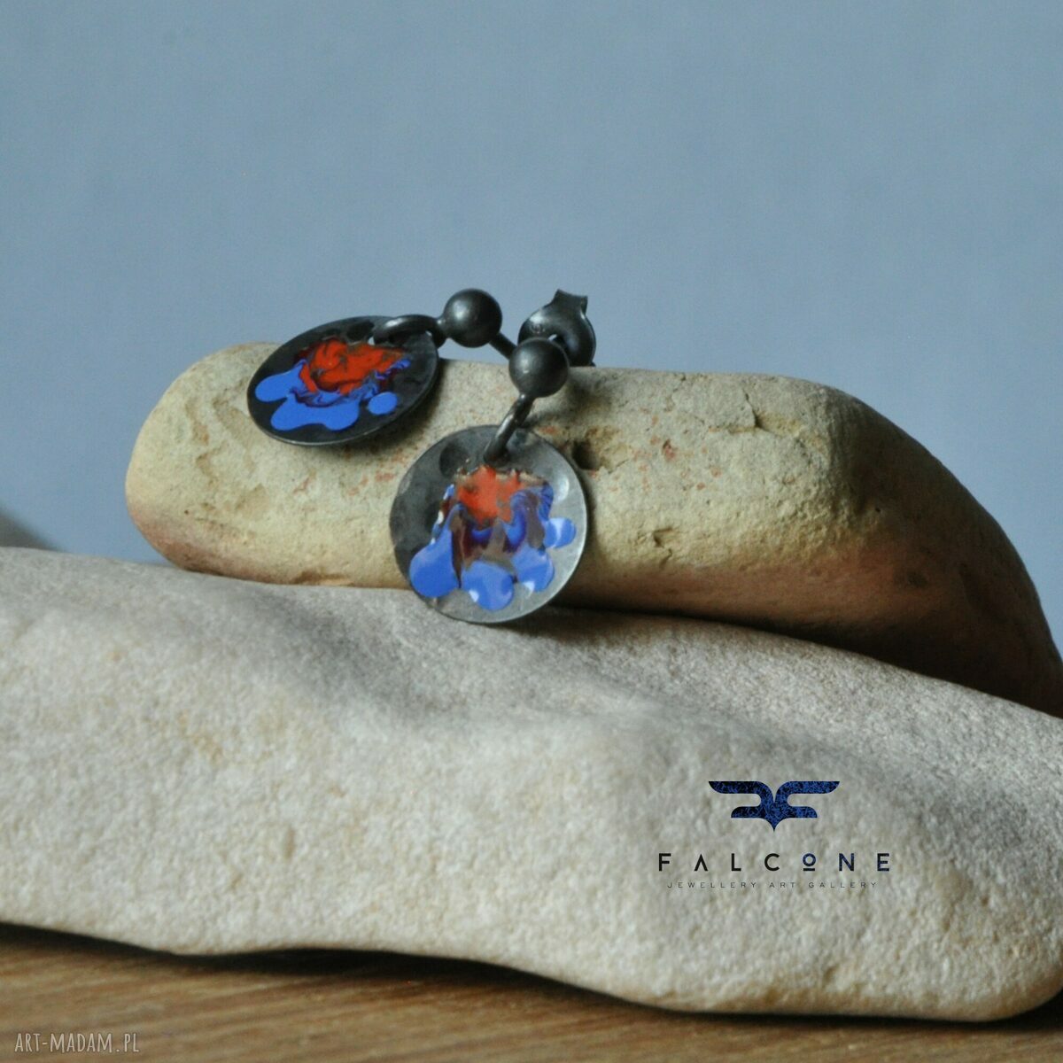 Kolczyki Folk Kwiaty Mini Blue & Red ze srebra 925 i emalii