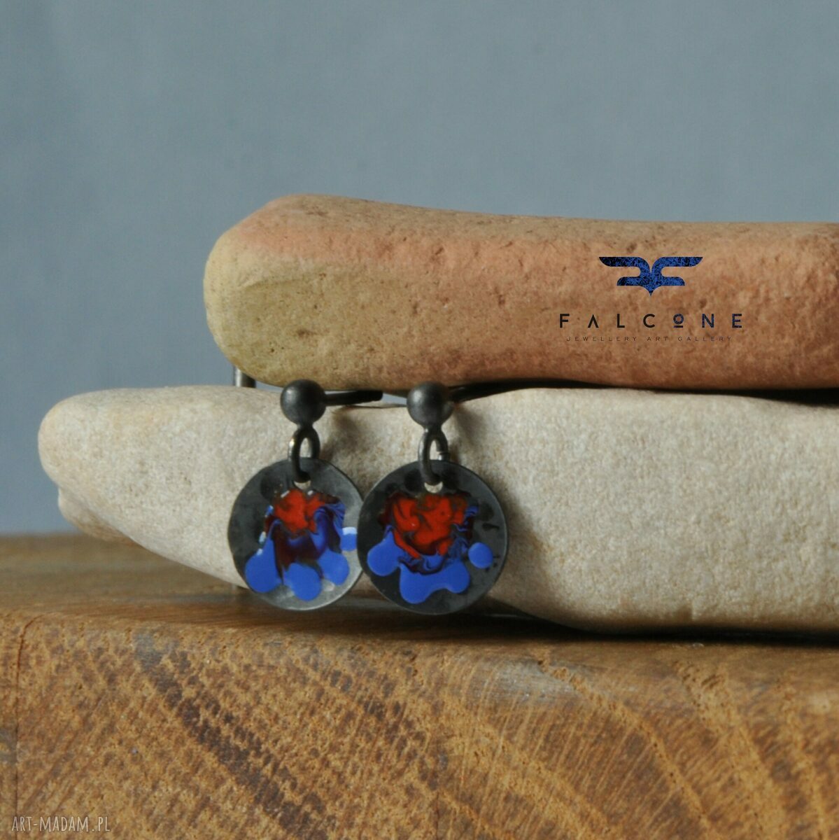 Kolczyki Folk Kwiaty Mini Blue & Red ze srebra 925 i emalii