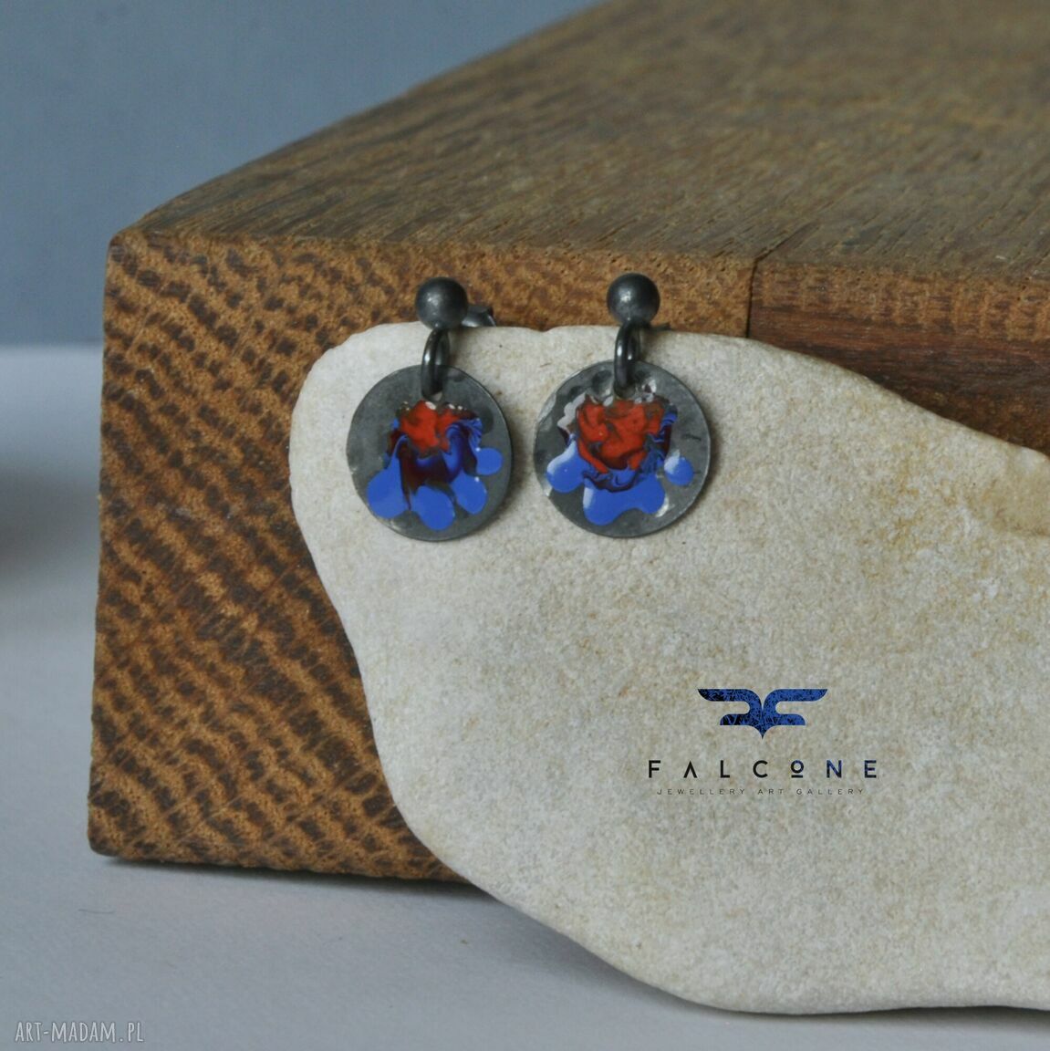 Kolczyki Folk Kwiaty Mini Blue & Red ze srebra 925 i emalii