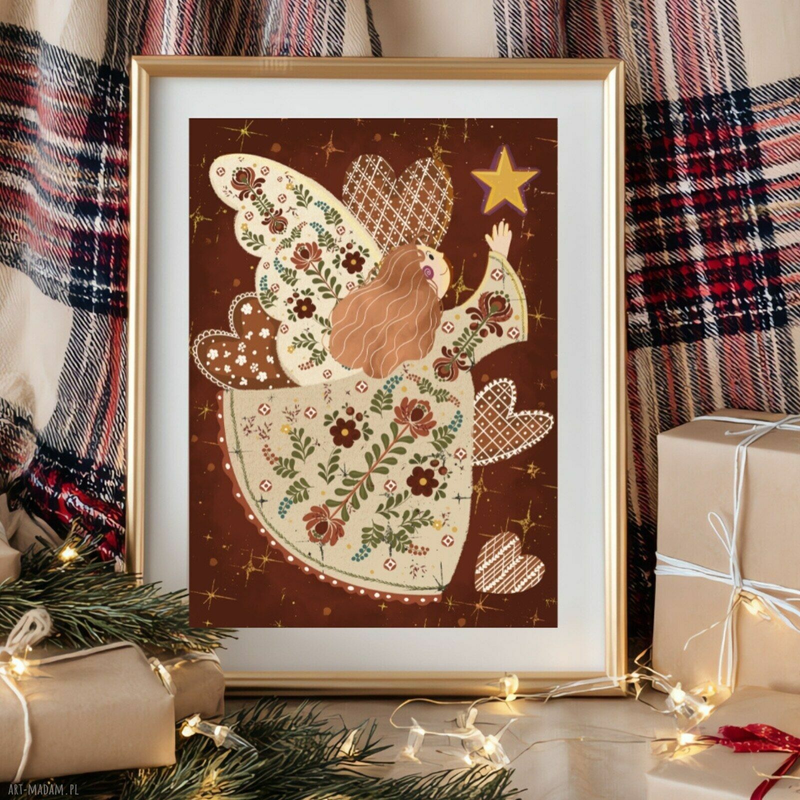 pod choinkę: Folklorka i złota gwiazda plakat A4 21x29,7 cm