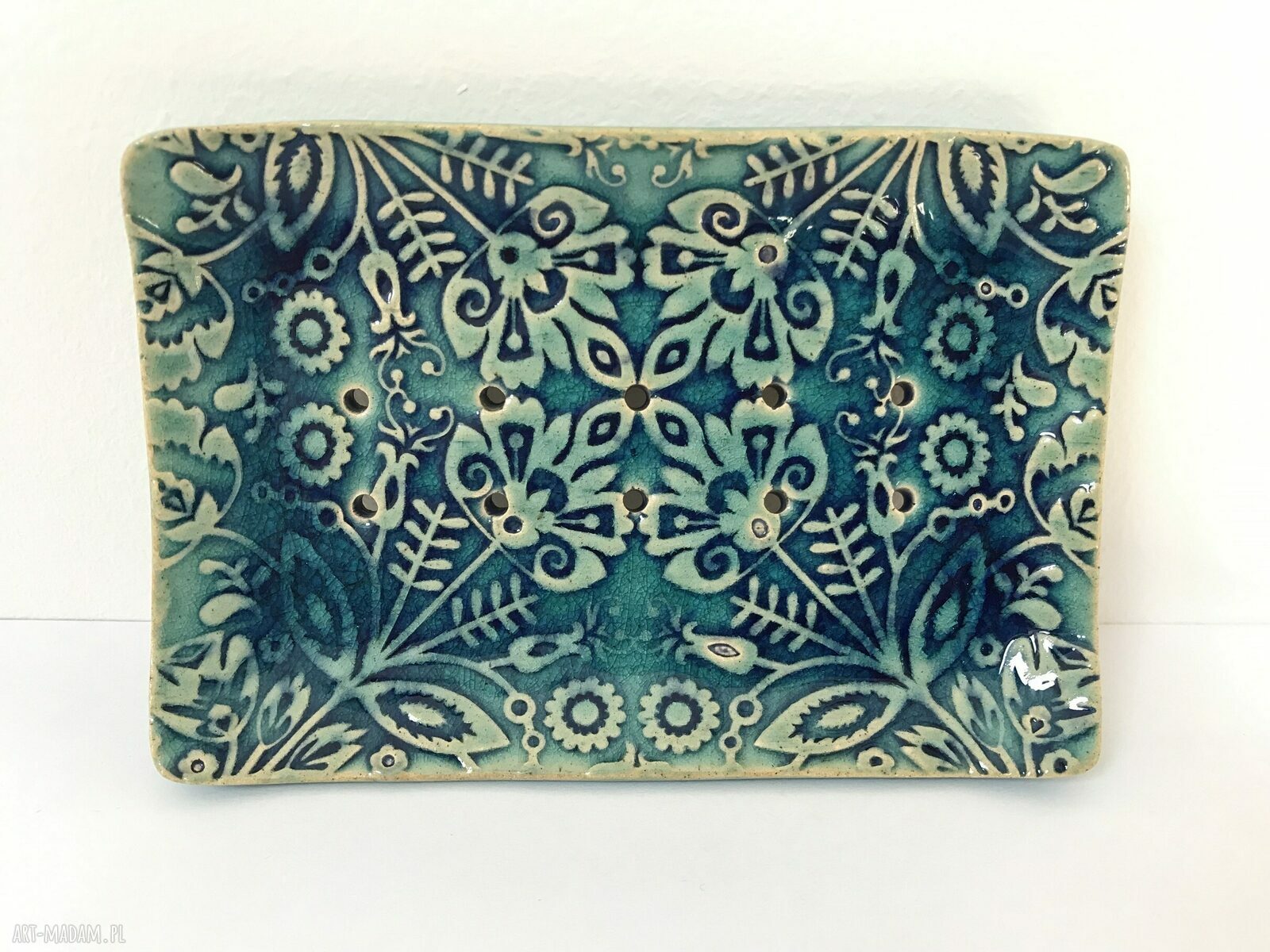 Folkowa mydelniczka ceramiczna Ceramika Ana - rękodzieło w kolorach beż i turkus