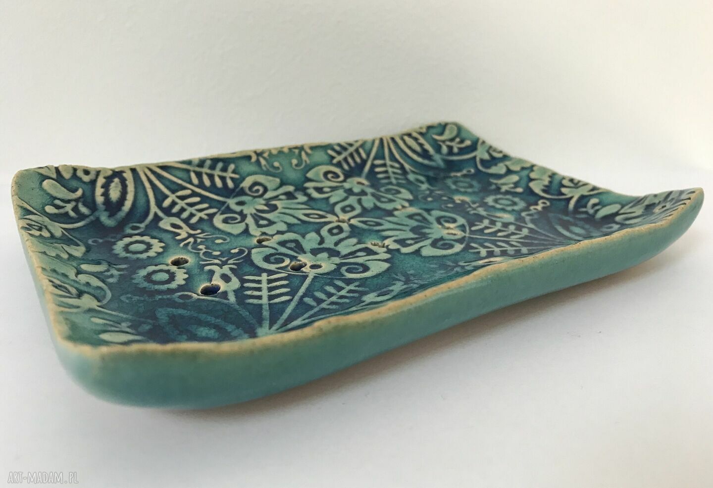Folkowa mydelniczka ceramiczna Ceramika Ana - rękodzieło w kolorach beż i turkus