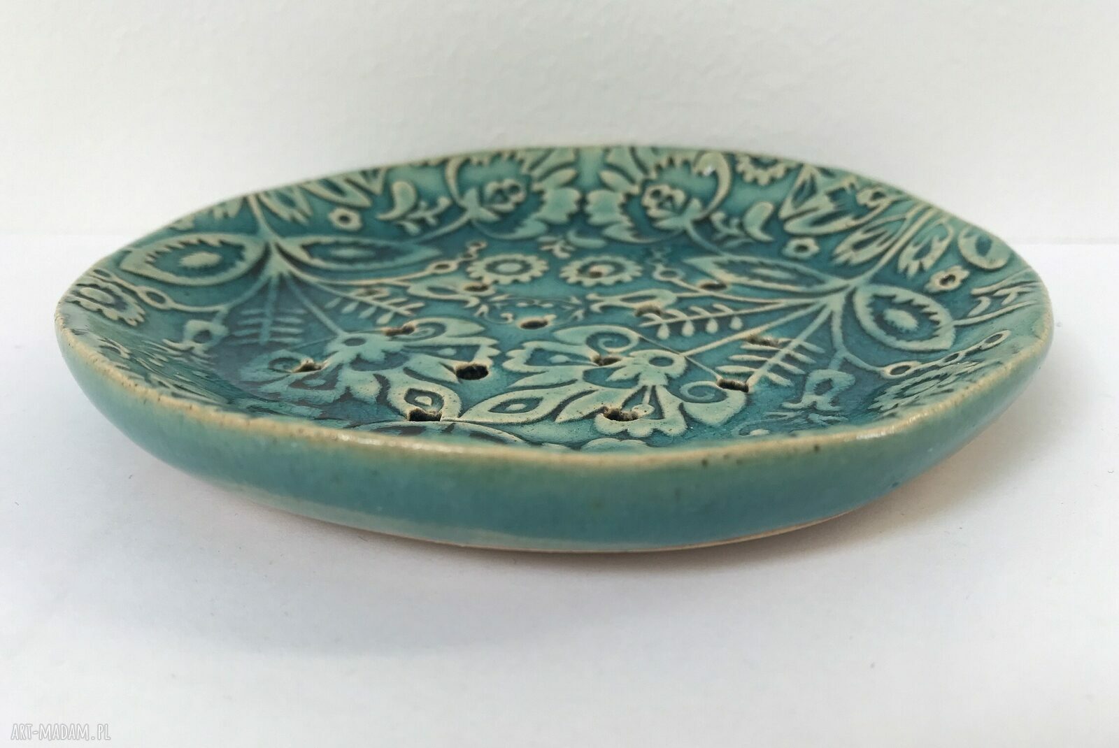 Folkowa okrągła mydelniczka ceramiczna z odpływem