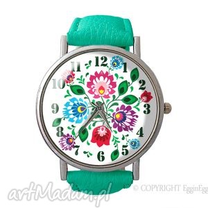 folkowe kwiaty - skórzany zegarek z dużą