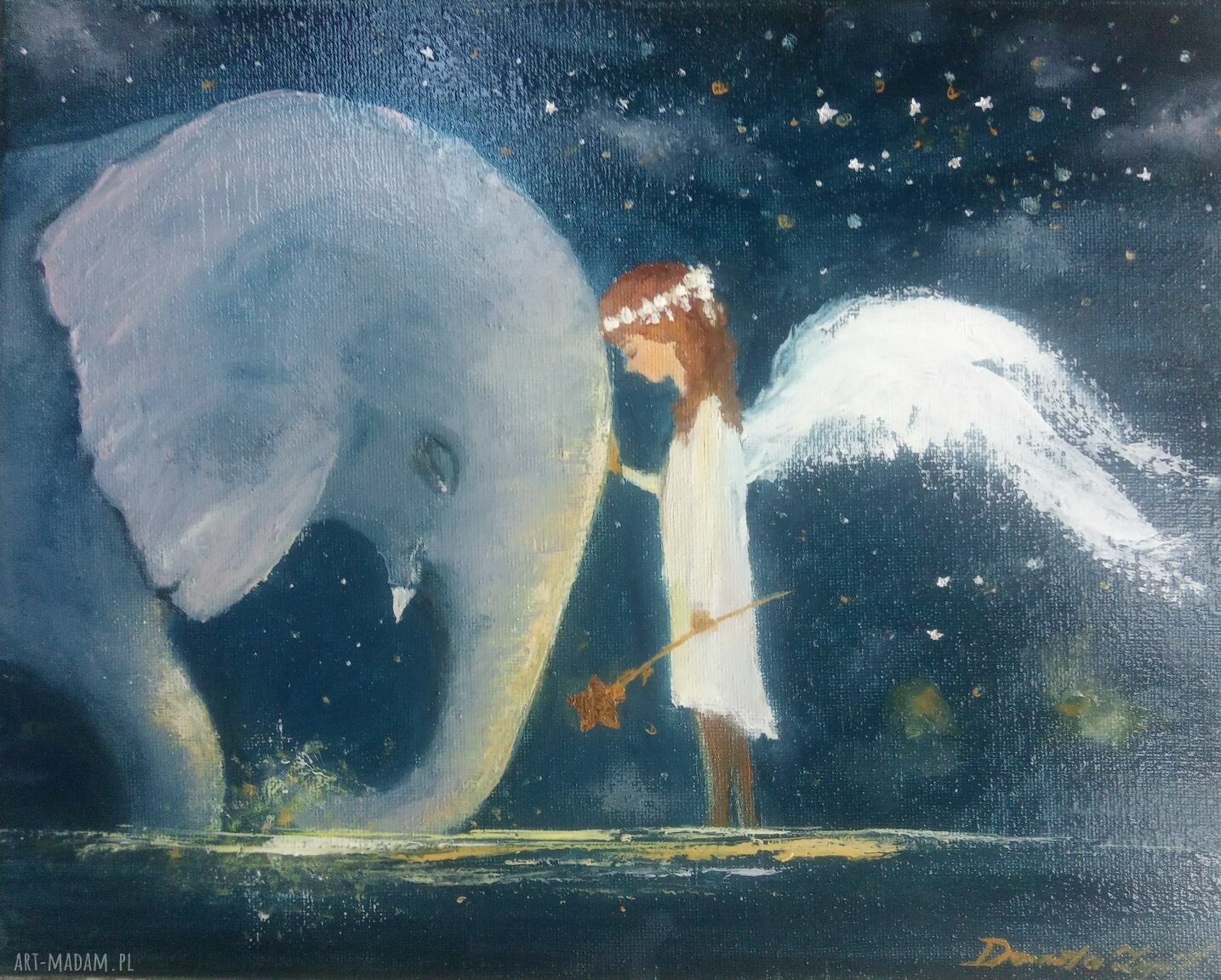 FOREVER - ręcznie malowany obraz olejny słoń aniołek fantasy na płótnie