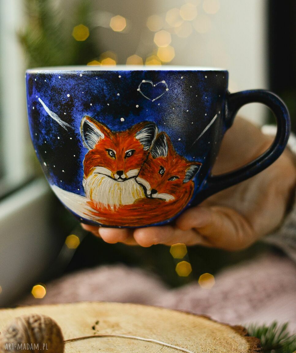 Kubek ręcznie malowany Fox Love - 500 ml (porcelana) dla miłośnika herbaty