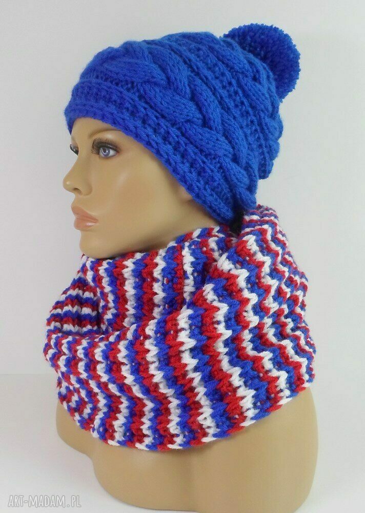 Francuski komplet - czerwony komin i czapka z warkoczami (handmade)