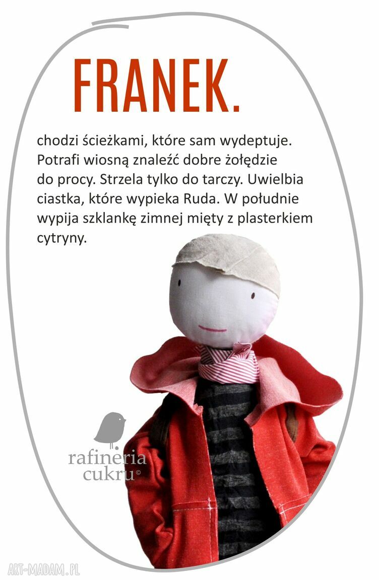 Franek - szmaciana lalka z eko bawełny z dzwoneczkowym serduszkiem (ok. 54 cm)