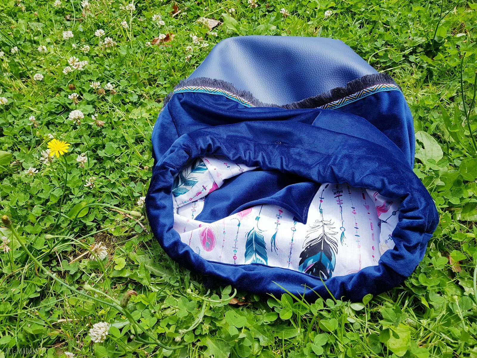Plecak worek boho etno turkusowy z frędzelkami ręcznie szyty