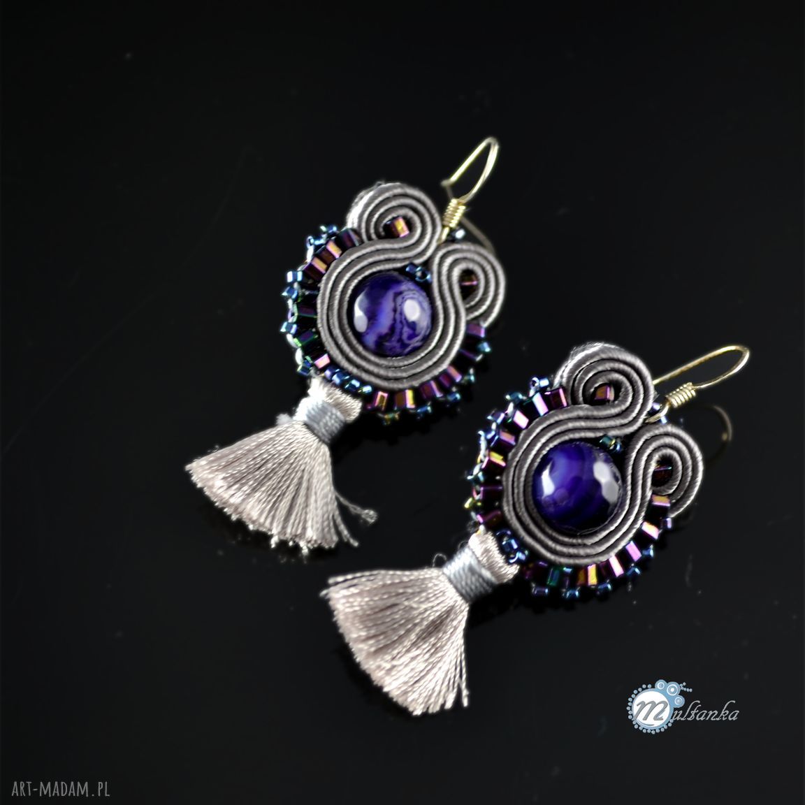 Szare sutaszowe kolczyki chwościkami sutasz soutache chwost