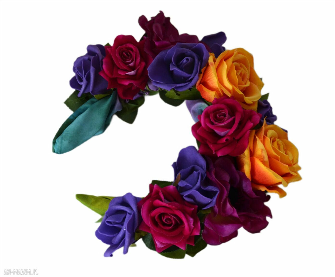 Frida - opaska handmade z kwiatów i fascynatorów, kolorowe dodatki