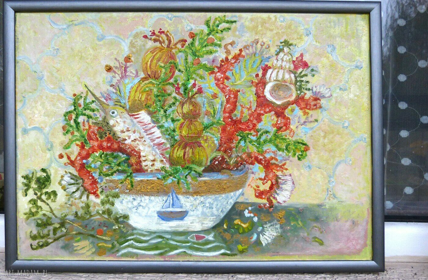 Frutti di mare - ręcznie malowany obraz olejny z koralowcem w ramie