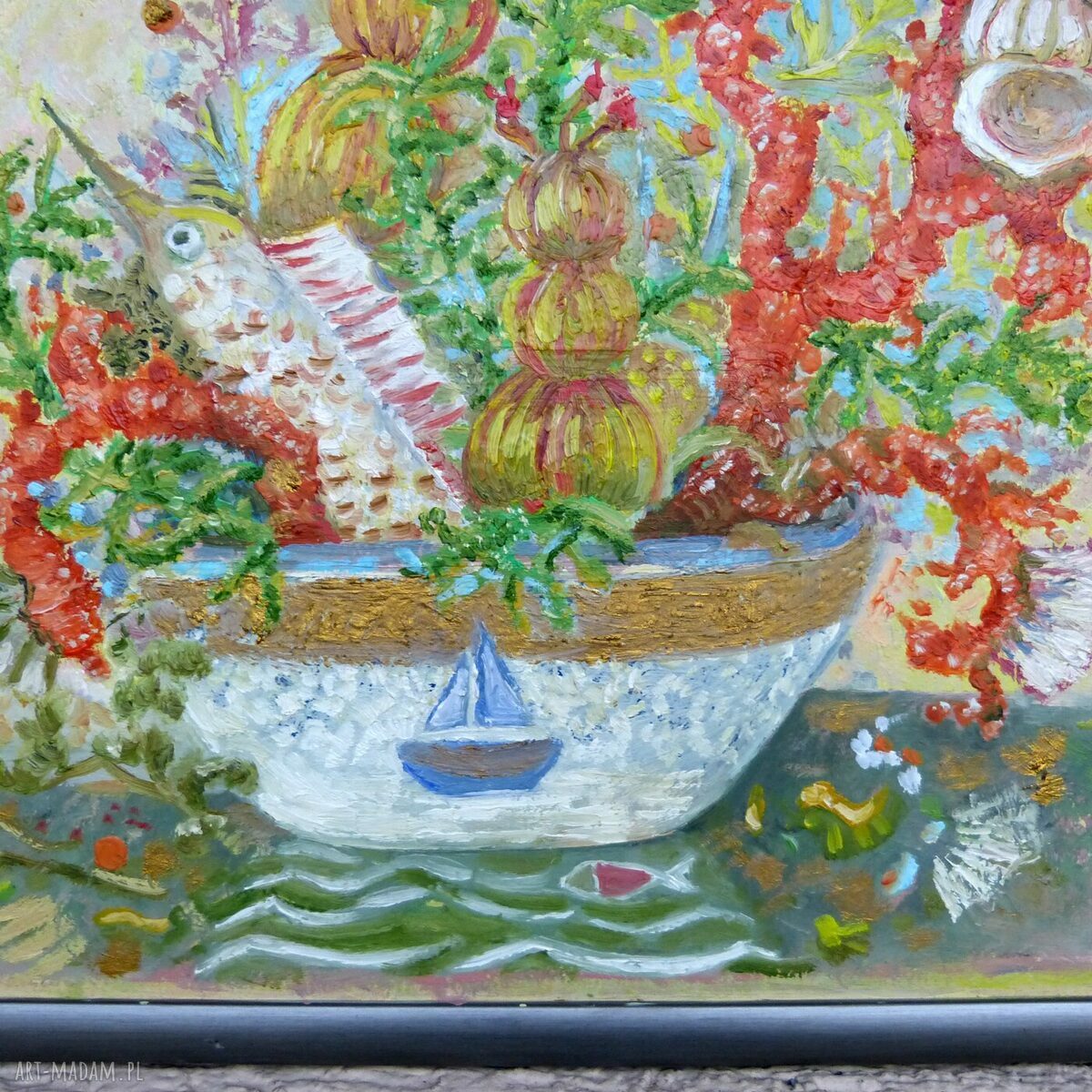 Frutti di mare - ręcznie malowany obraz olejny z koralowcem w ramie