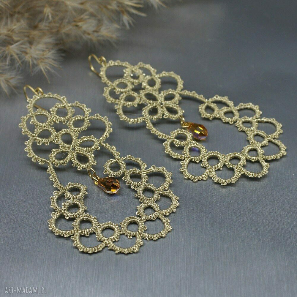 Kolczyki frywolitki 090 - duże, złote koronki Swarovski (retro vintage)