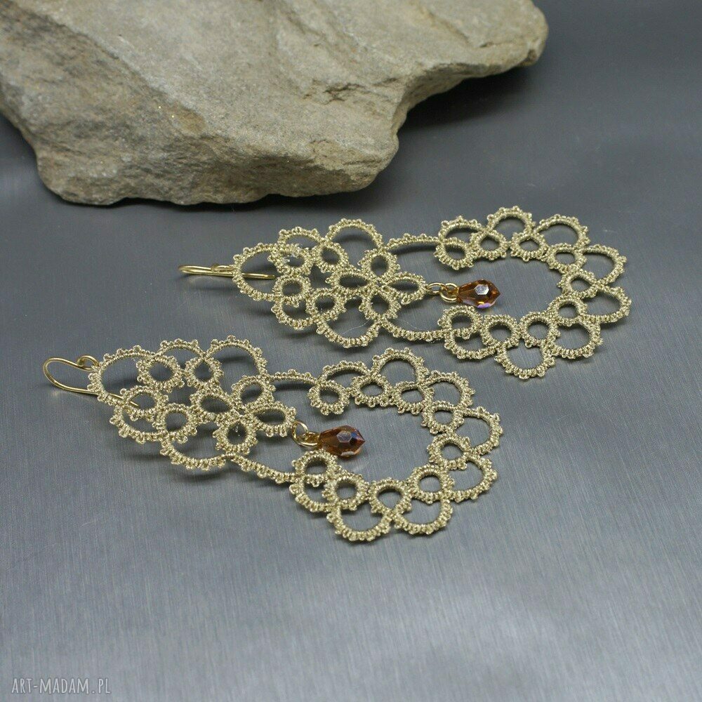 Kolczyki frywolitki 090 - duże, złote koronki Swarovski (retro vintage)