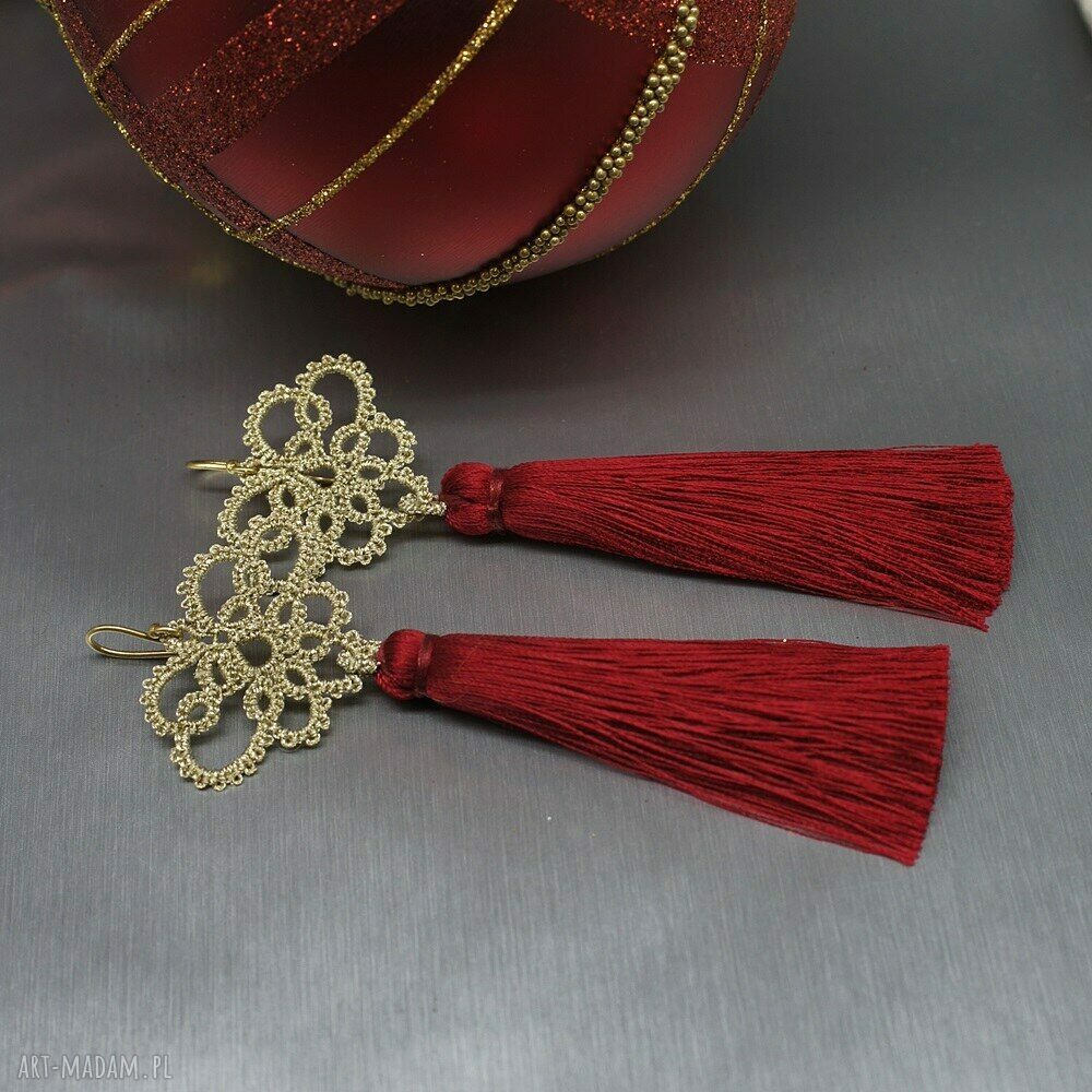 Kolczyki frywolitki złoto-czerwone 088 - długie, lekkie handmade