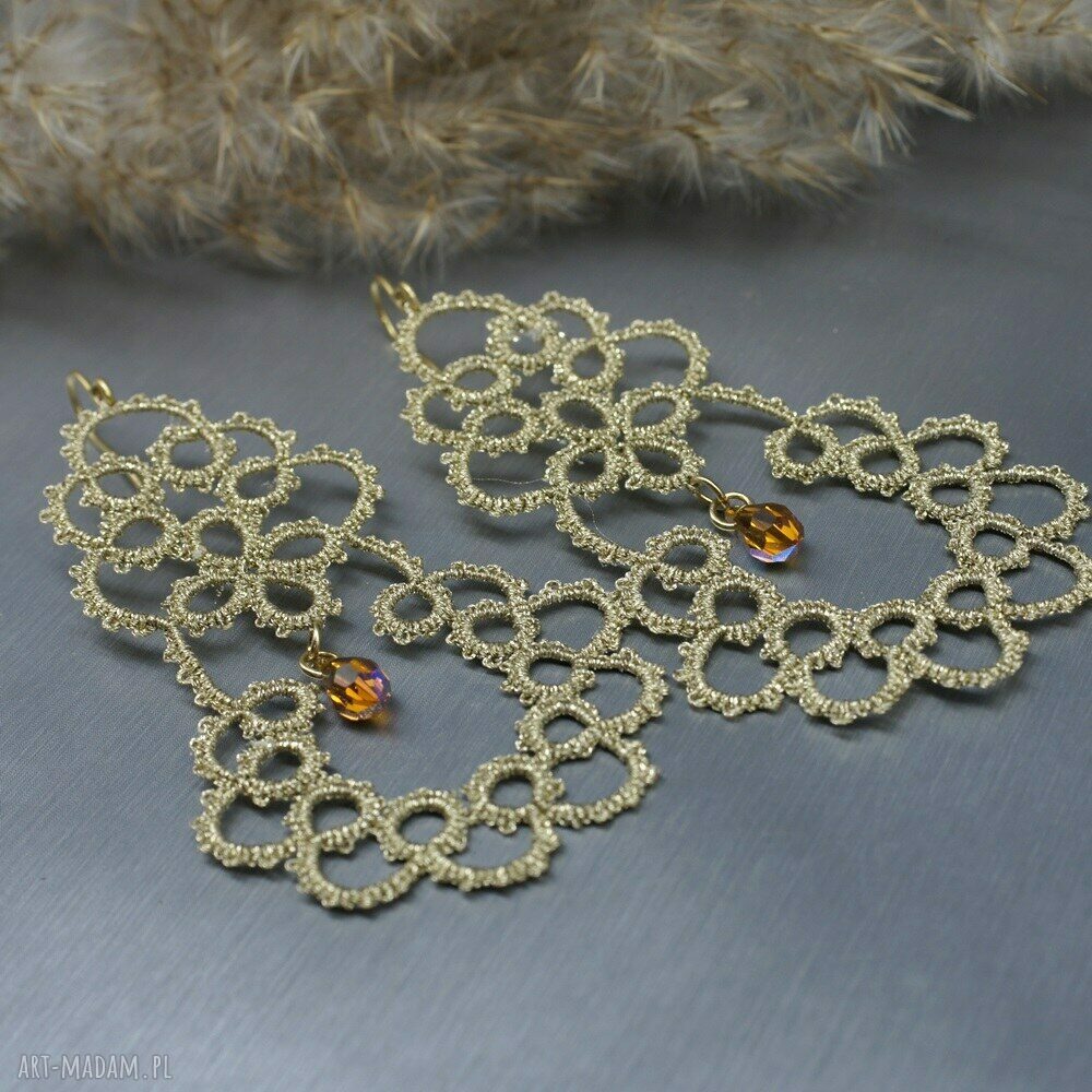 Kolczyki frywolitki 090 - duże, złote koronki Swarovski (retro vintage)