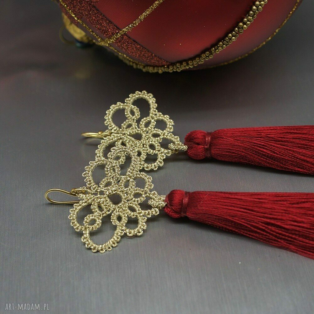 Kolczyki frywolitki złoto-czerwone 088 - długie, lekkie handmade